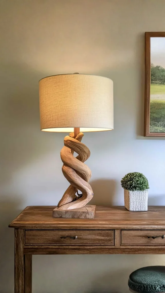 warm wood furniture japandi bedroom simple carved wooden lamp base dresser surface warm glow 2026