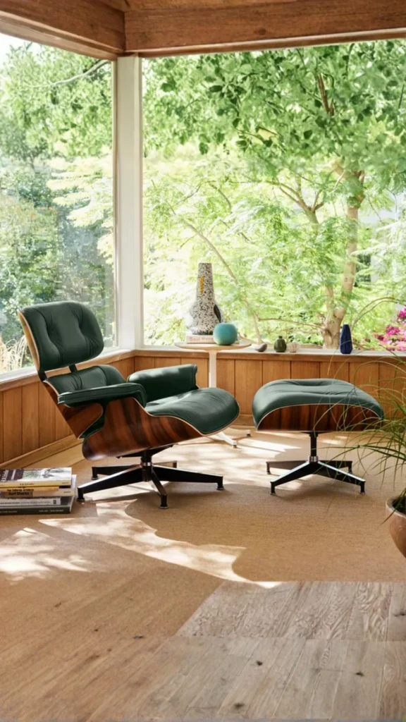 warm wood furniture japandi bedroom low walnut lounge chair linen upholstery window morning light 2026