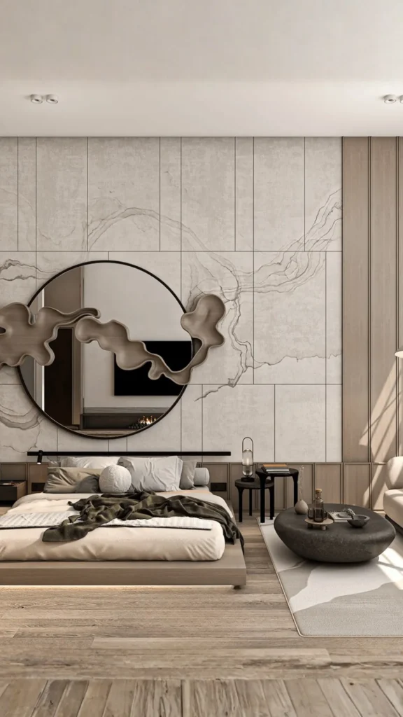warm wood furniture japandi bedroom every piece same warm honey-amber tone complete visual coherence 2026