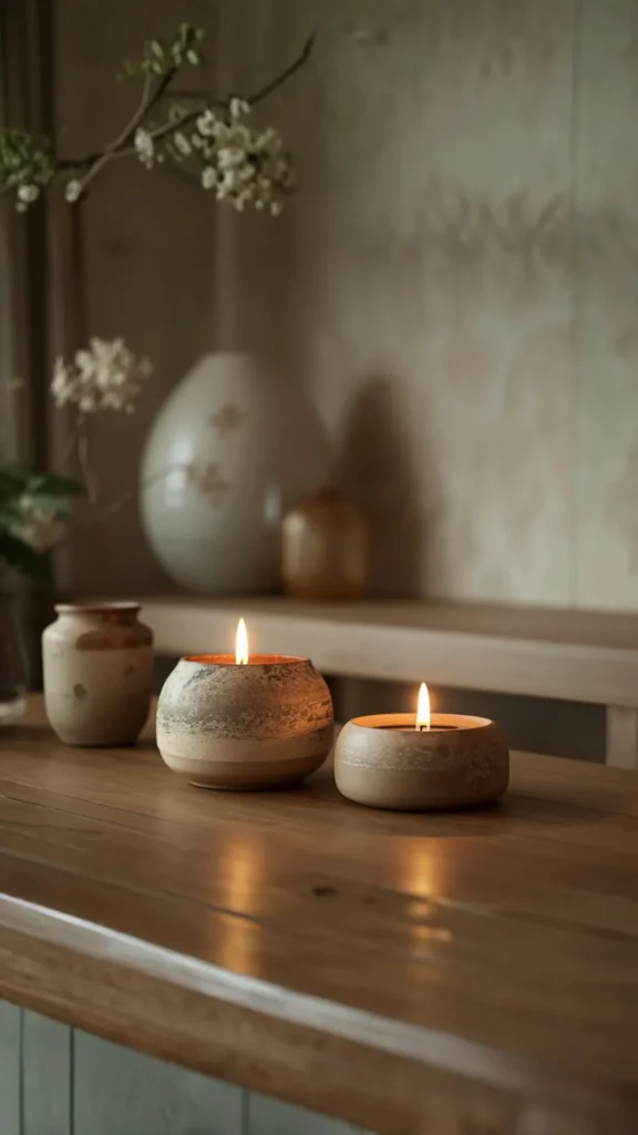 japandi home decor ideas low candles simple ceramic holders warm atmosphere 2026
