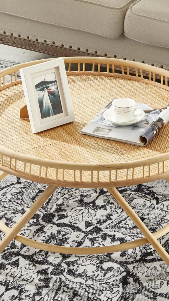 organic modern coffee table styling small rattan tray pillar candle smooth stone wood table 2026