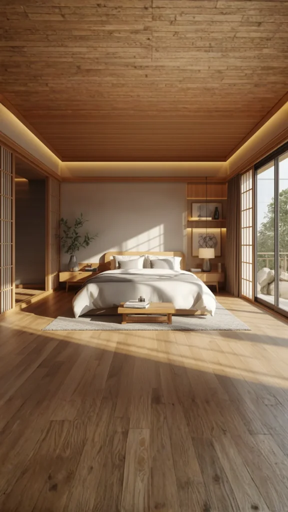japandi bedroom design ideas warm natural wood flooring first decision wide plank oak 2026