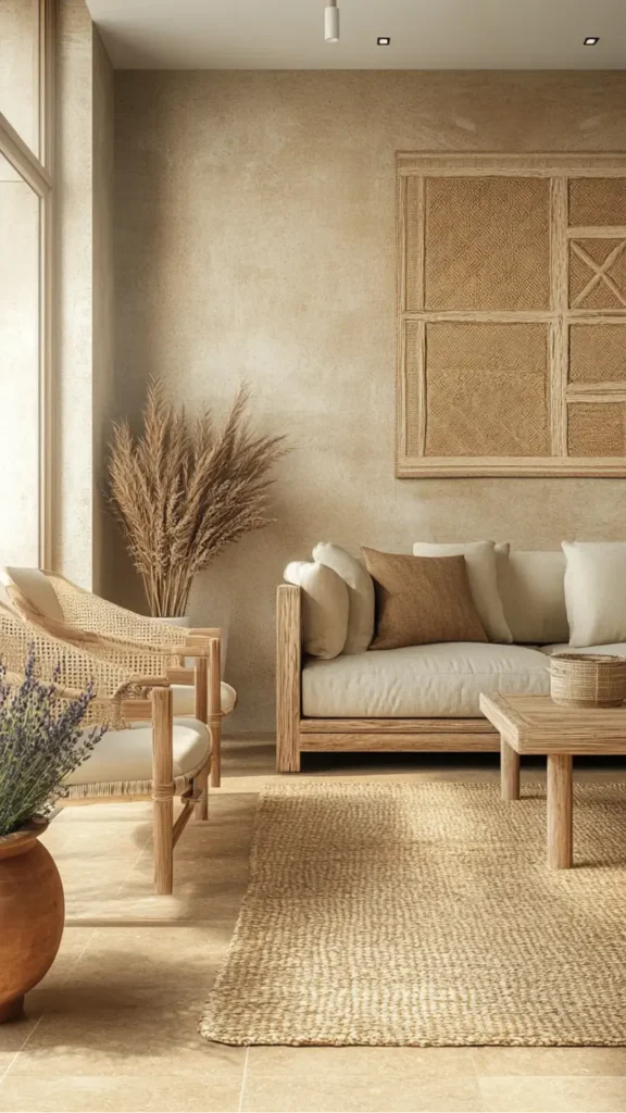 natural textures organic modern living room natural jute rug wide plank warm oak floor both visible 2026