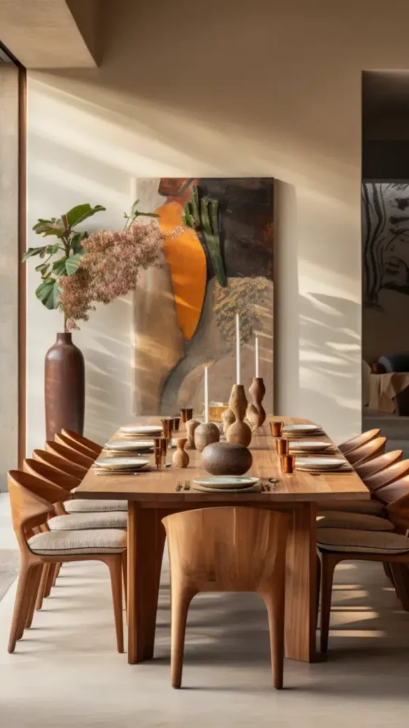 organic modern dining room ideas curved organic chairs warm wood boucle around table 2026