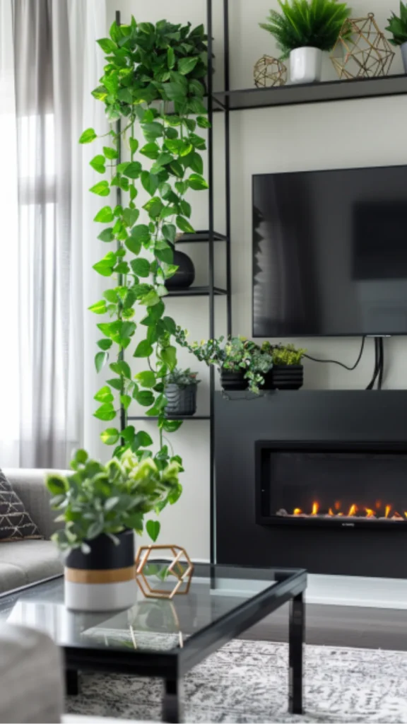 organic modern coffee table styling large terracotta pot small trailing pothos plant surface 2026