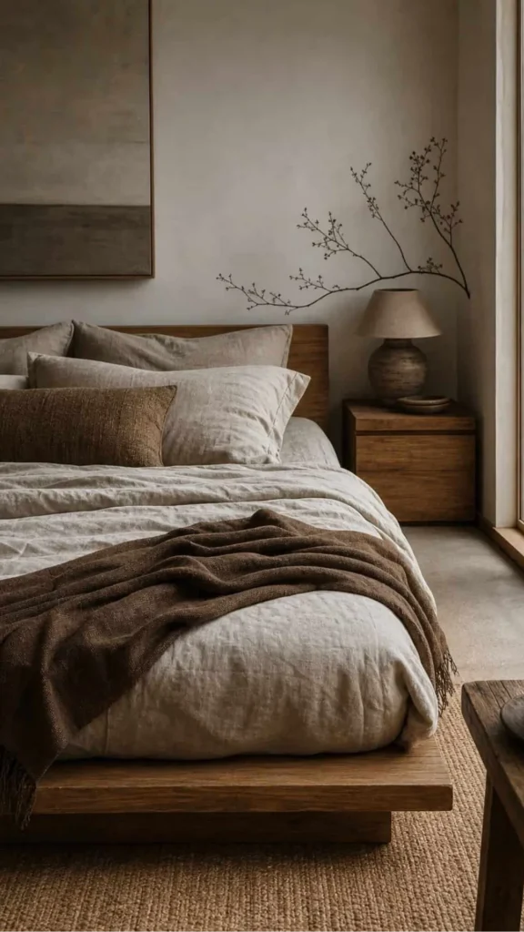 japandi bedroom design ideas warm oat linen bedding layered generously platform bed 2026