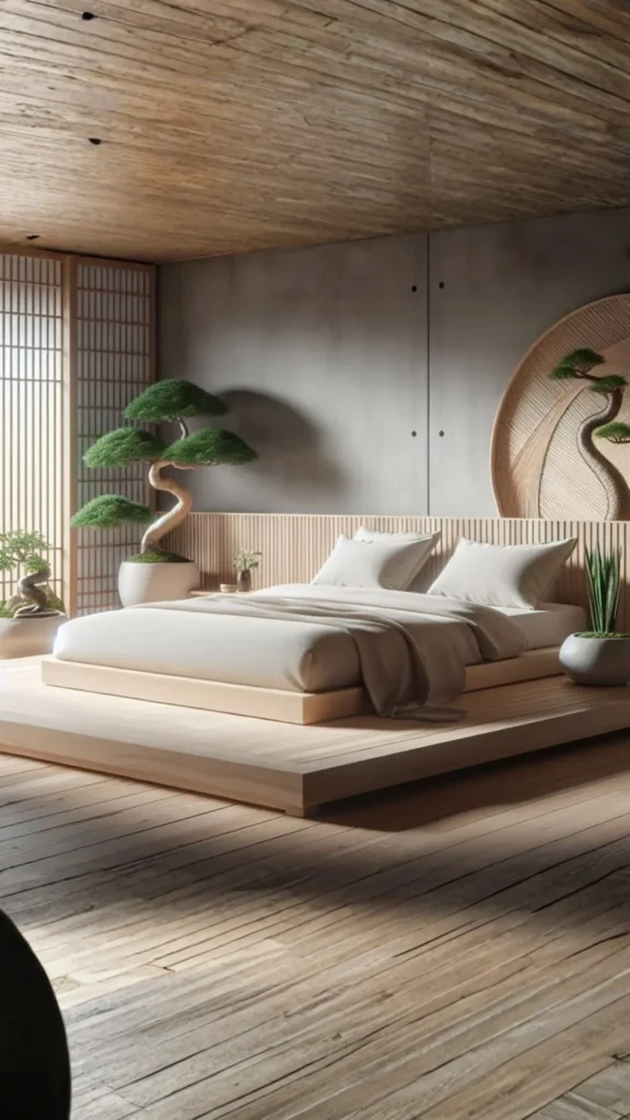 japandi bedroom design ideas simple honest warm wood bedside tables each side platform bed 2026