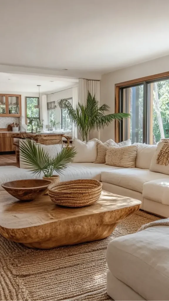 natural textures organic modern living room woven seagrass basket smooth stone plinth side table 2026