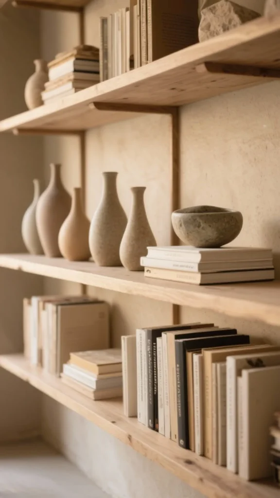 organic modern dining room ideas open wood shelving handmade ceramics organic objects 2026"
