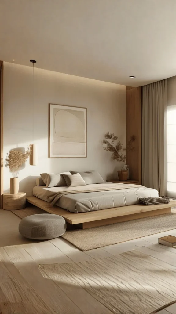 japandi bedroom design ideas natural fiber rug extending beyond bed generously 2026