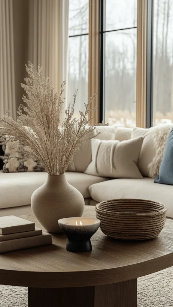 organic modern coffee table styling small ceramic bowl seasonal fruit lit candle organic table 2026