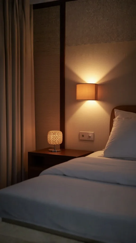 japandi bedroom design ideas warm layered bedside lighting two heights table lamp wall sconce 2026