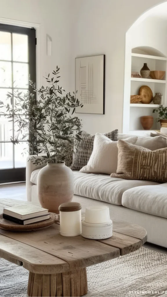 natural textures organic modern living room warm rattan side table beside linen sofa 2026