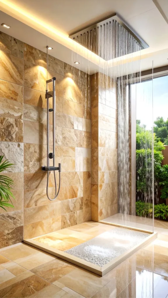 organic modern bathroom ideas rainfall shower natural stone surround warm beautiful 2026