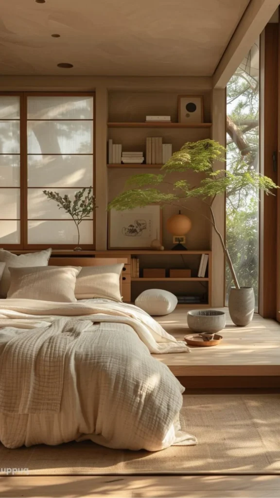 japandi bedroom design ideas one large statement plant best natural light beautiful 2026