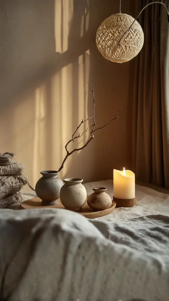 japandi bedroom design ideas wabi-sabi objects final personal layer ceramics natural branch candle 2026