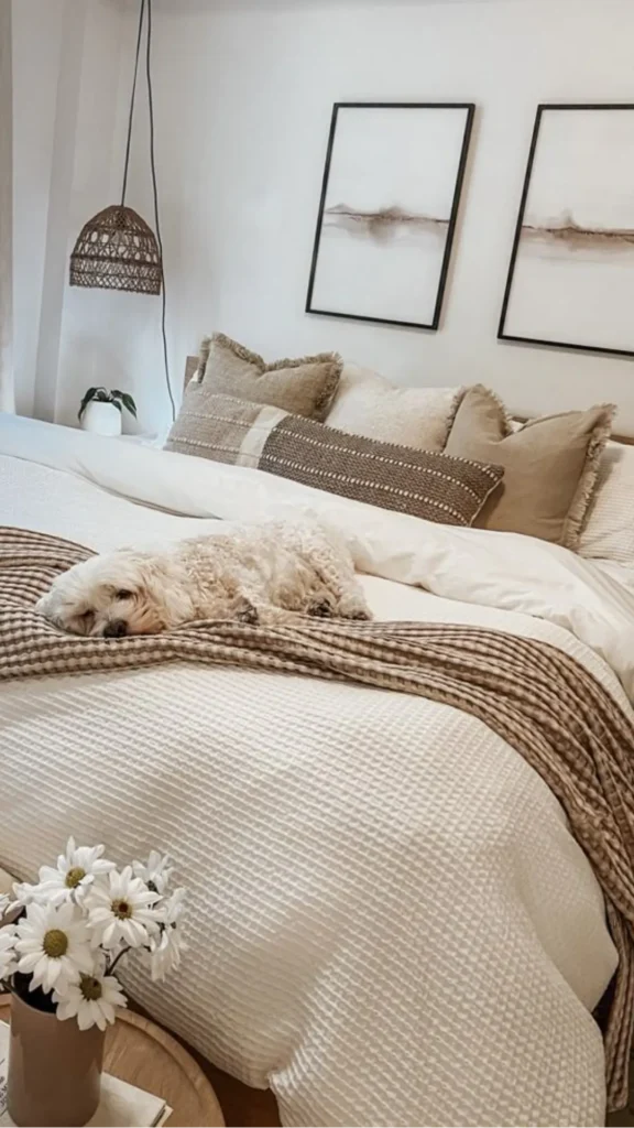 natural textures organic modern living room linen duvet chunky knit throw smooth wood bed frame three textures 2026