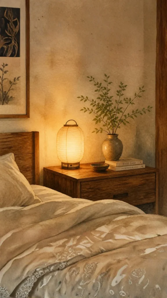 japandi bedside table styling seen from bed perspective warm lamp glowing clear wood surface 2026