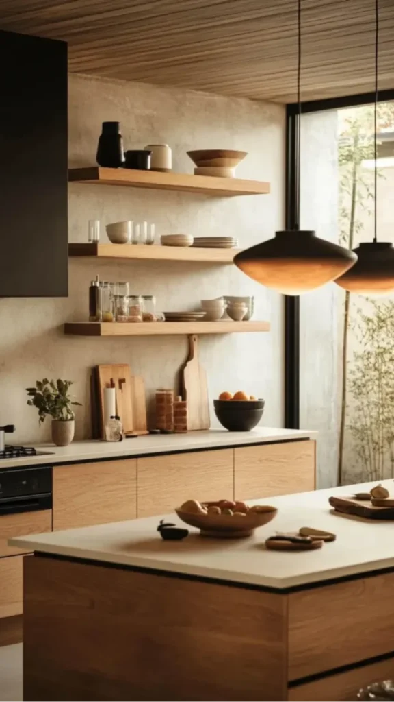 japandi open shelving styling most personal visible design feature ceramics plants books 2026