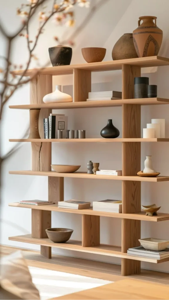 japandi open shelving styling three ceramics one plant two empty sections warm wood shelf 2026