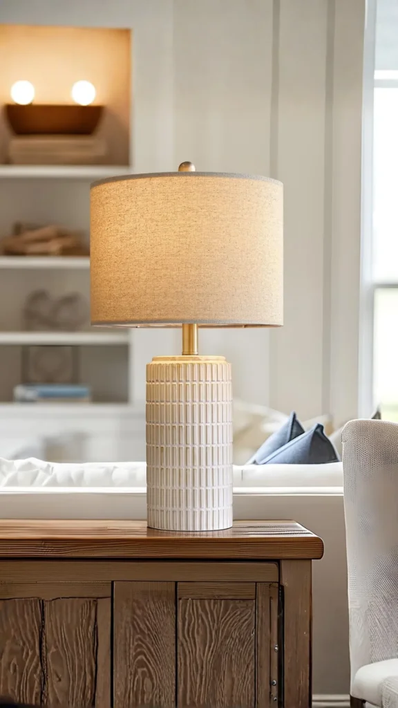 japandi bedside table styling warm ceramic lamp one book flat clear warm wood 2026