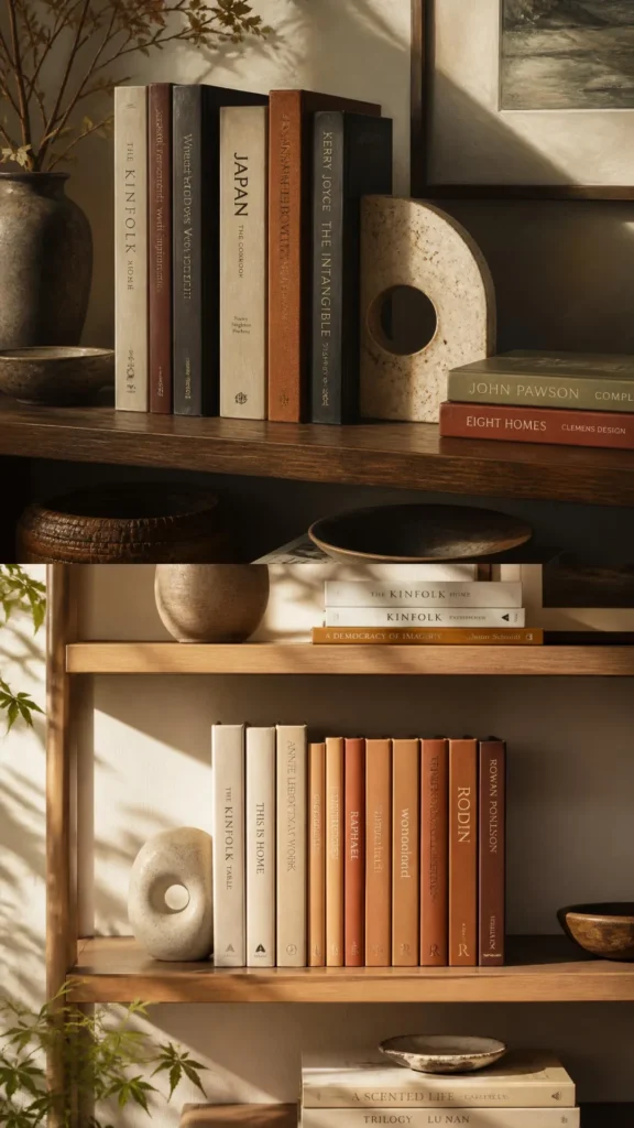 japandi open shelving styling books organized warm earthy tone one ceramic bookend 2026