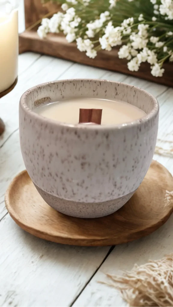 japandi bedside table styling hand-thrown ceramic vessel single eucalyptus stem warm wood 2026
