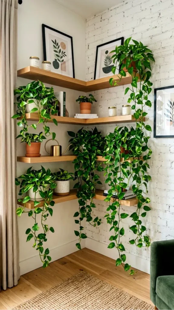 japandi open shelving styling trailing pothos upper shelf handmade bowl below warm wood 2026