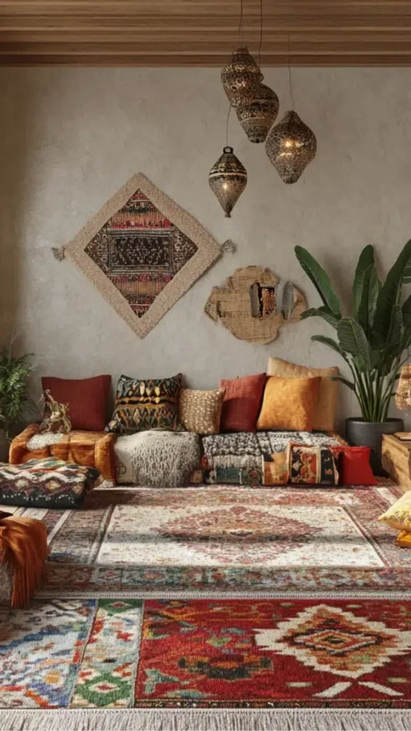boho living room ideas layered rugs jute base vintage kilim top warm beautiful 2026