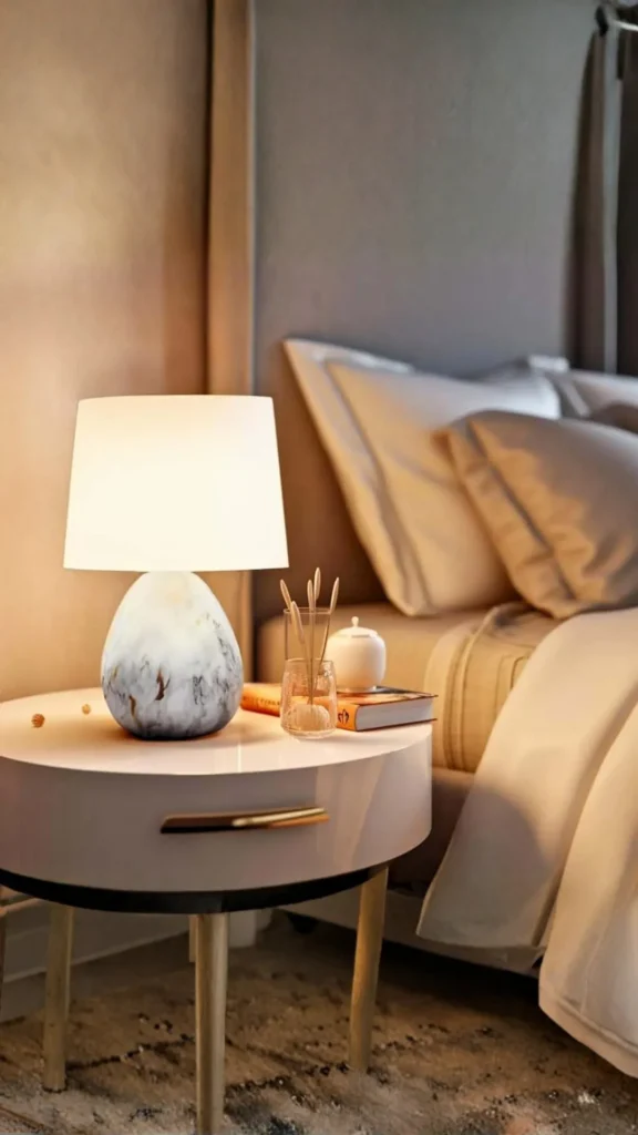 japandi bedside table styling smooth dark river stone beside warm ceramic lamp clear wood 2026