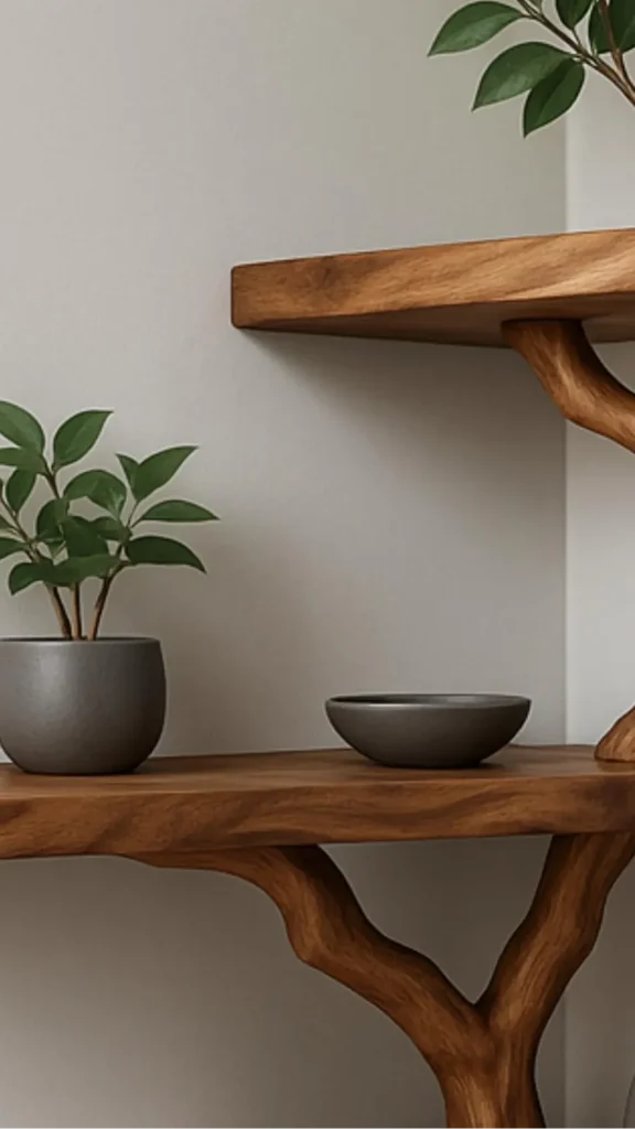 japandi open shelving styling tall ceramic dried branch flanked two books warm wood shelf 2026