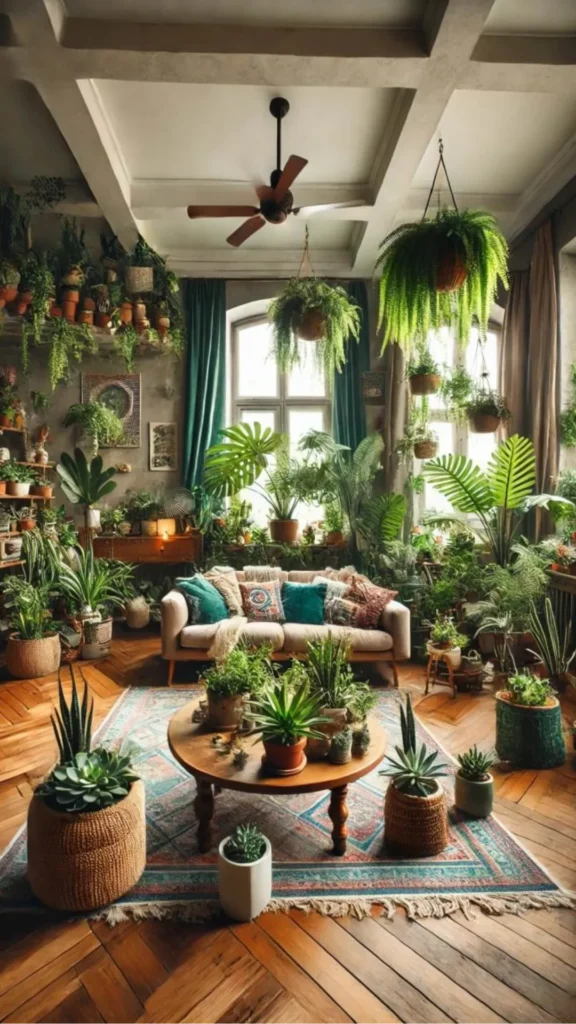boho living room ideas abundant trailing plants every corner lush alive beautiful 2026