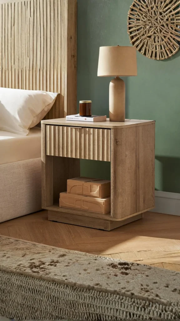 japandi bedside table styling small handmade ceramic tray two objects warm wood bedside 2026