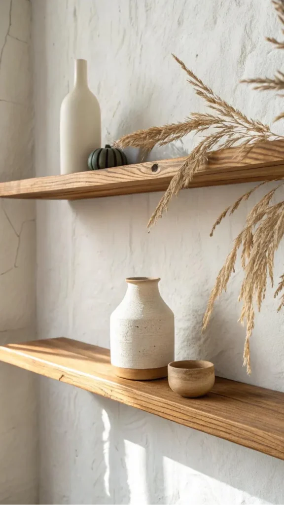 japandi open shelving styling five objects evenly spaced single shelf breathing space between 2026