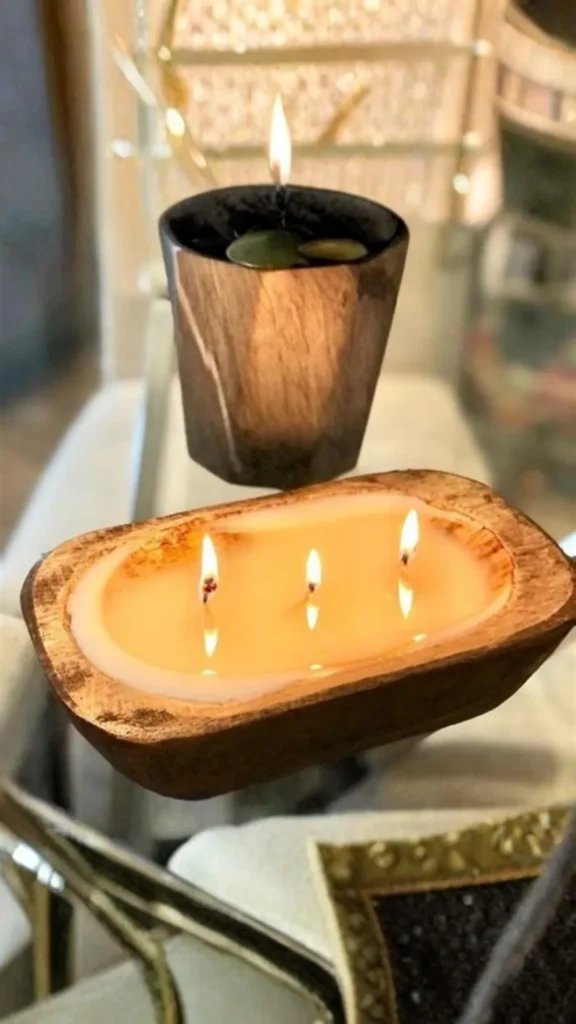 japandi bedside table styling worn wooden bowl small candle smooth stone warm wood bedside 2026