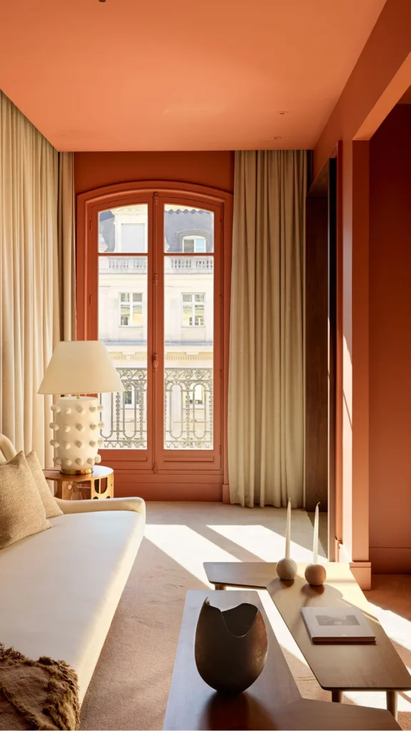 warm earthy paint colors living room muted terracotta warm wood floors cream linen sofa brass lamp 2026