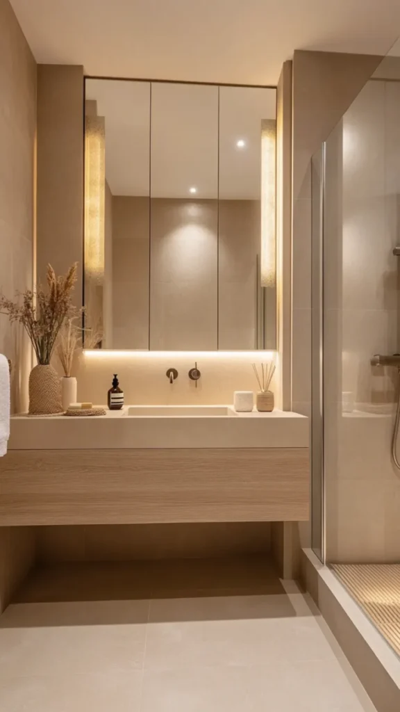 organic modern bathroom ideas warm brass fixtures tap towel rail shower fittings 2026