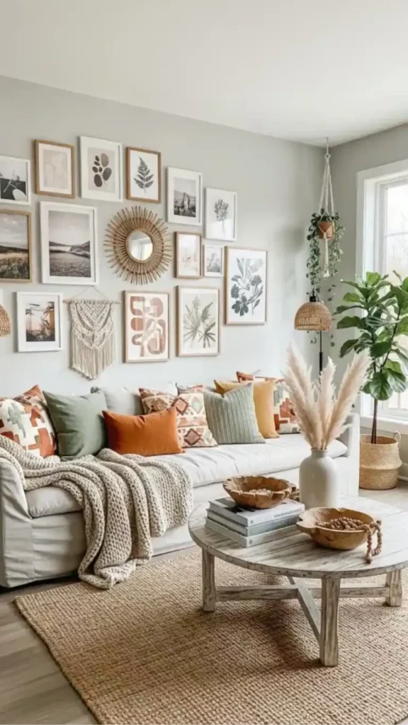 boho living room ideas gallery wall mixed art natural objects abundant personal 2026