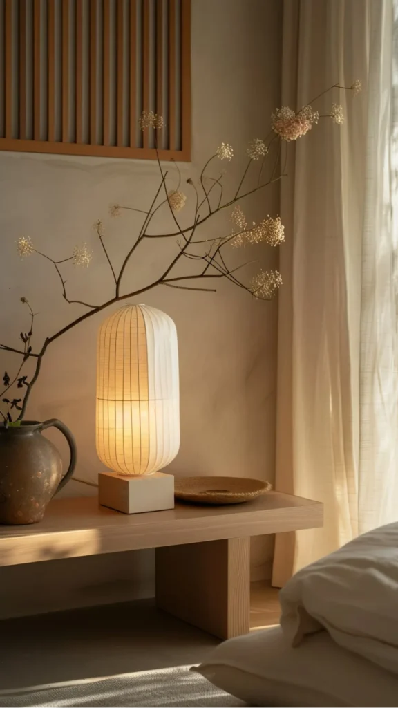 japandi bedside table styling ceramic bud vase dried grass stem warm ceramic lamp bedside 2026