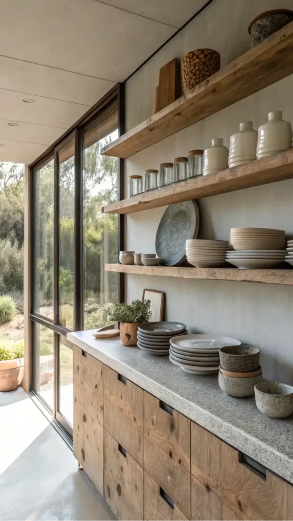 japandi open shelving styling horizontal stack three books wabi-sabi ceramic object on top 2026