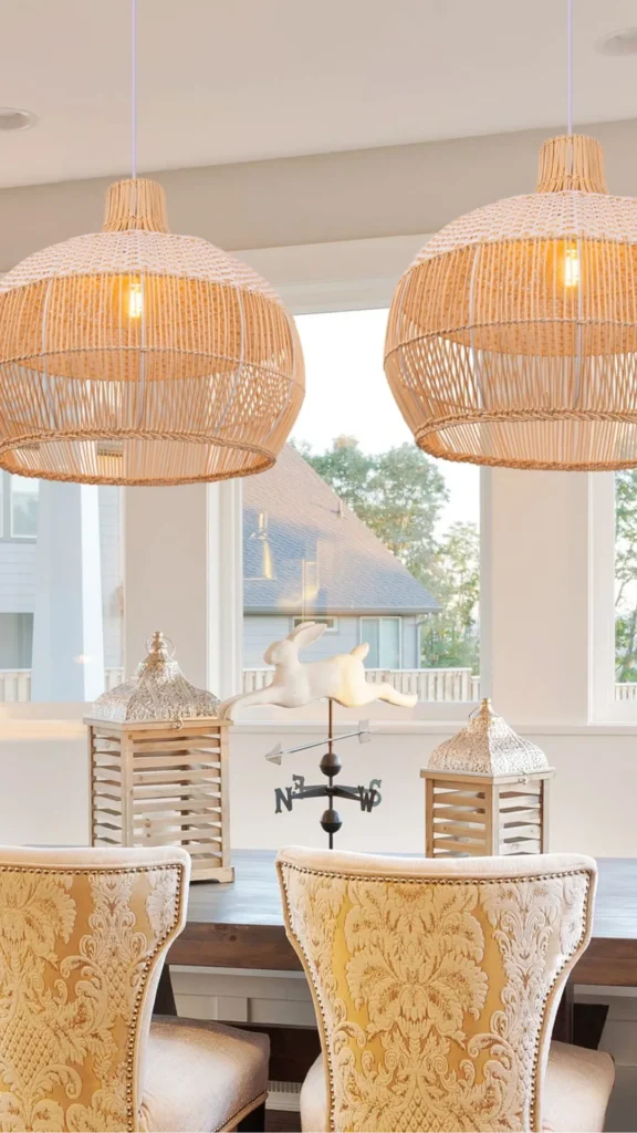 boho living room ideas warm rattan natural fiber pendant lights warm textural 2026