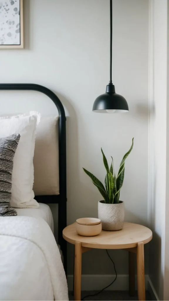 japandi bedside table styling small snake plant warm terracotta pot ceramic lamp bedside 2026