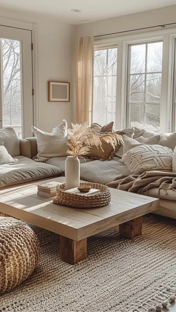 boho living room ideas floor cushions low seating relaxed gathered atmosphere 2026