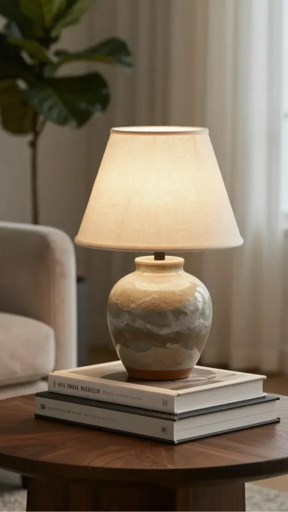 japandi bedside table styling stack two books small ceramic object on top warm wood 2026