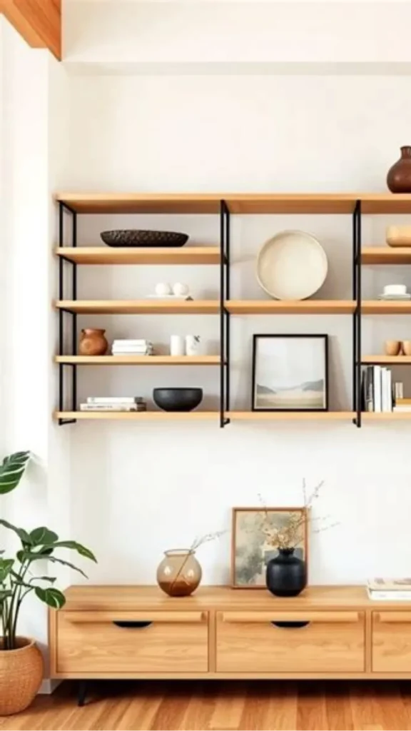 japandi open shelving styling three levels one hero object generous empty space every level 2026