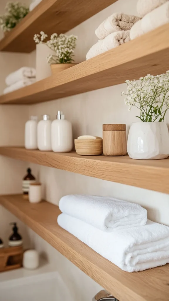 japandi open shelving styling neatly folded linen textiles lowest shelf ceramics above 2026