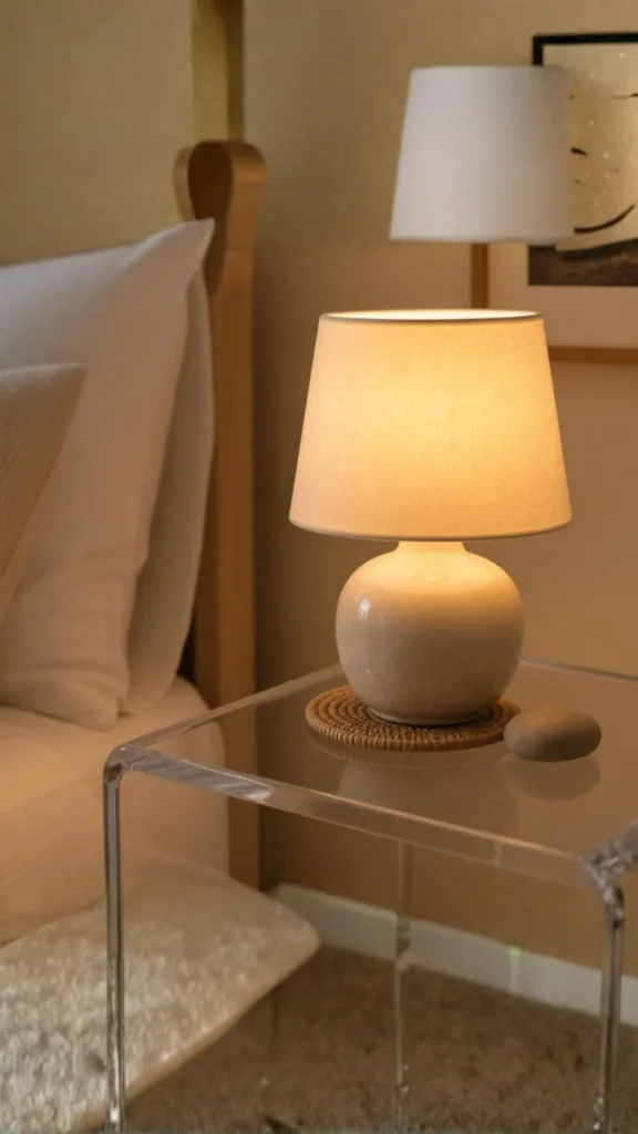 japandi bedside table styling small rattan coaster ceramic lamp single pebble clear wood bedside 2026