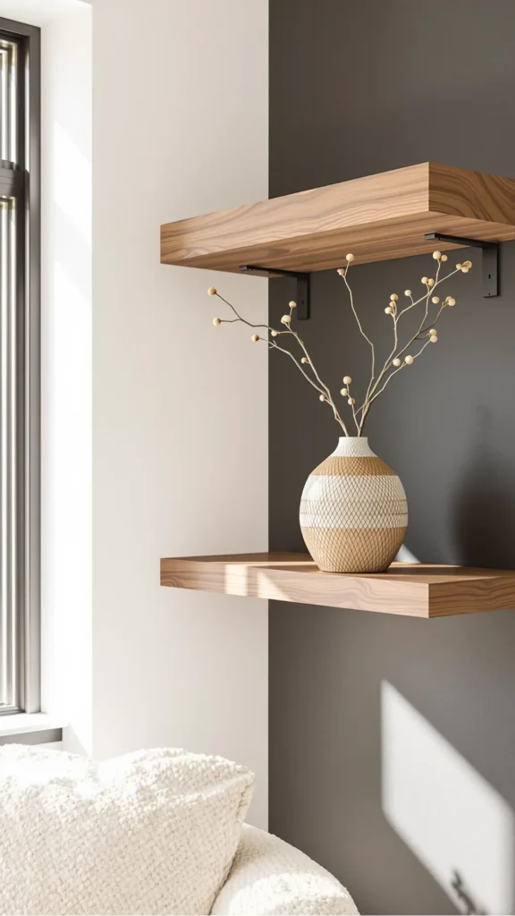 japandi open shelving styling single large ceramic vessel sole object entire shelf warm wood 2026