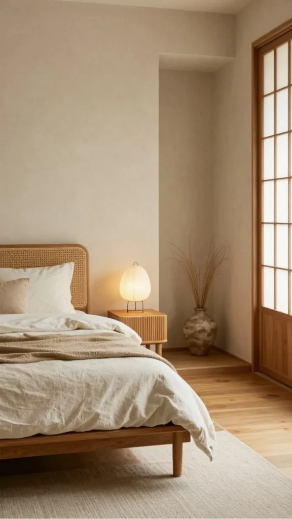 japandi bedside table styling tall slim ceramic dried branch low pillar candle bedside 2026