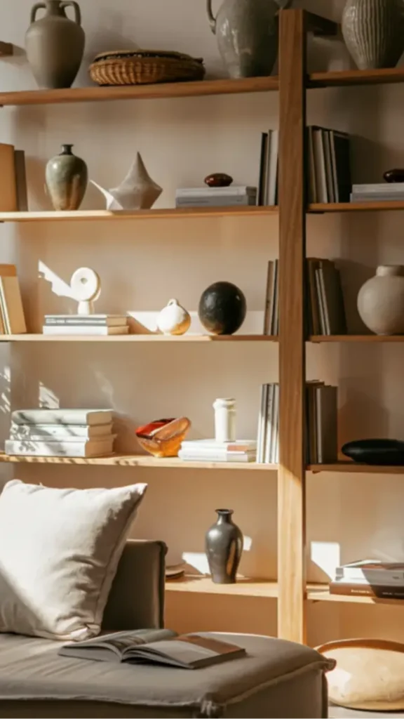 japandi open shelving styling warm wood bookends five books ceramic in front warm shelf 2026